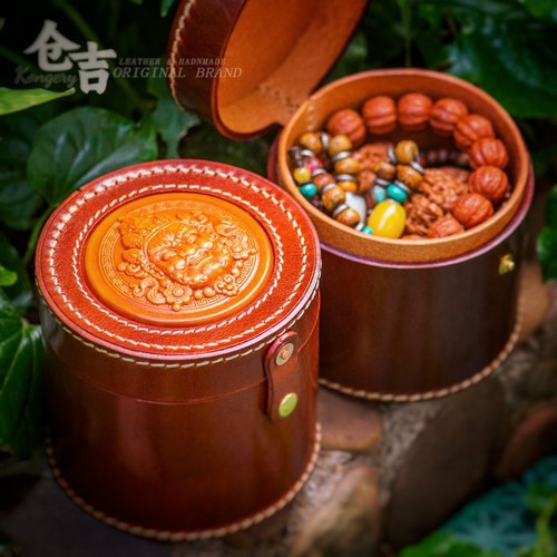 【黄财神】至尊文玩盒！仓吉手工牛皮核桃核手串包首饰真皮圆盒