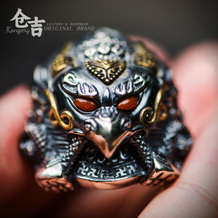 仓吉手工戒指S925银金翅大鹏男女时尚戒指南红玛瑙开口戒简约对戒