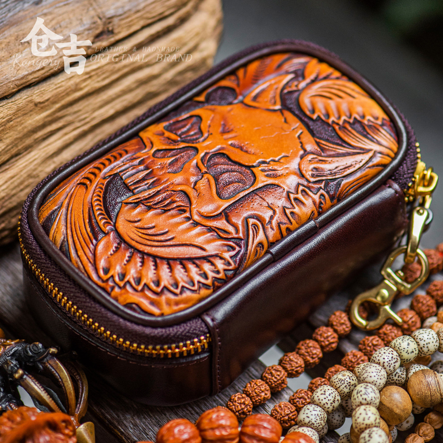 【富贵唐草骷髅】文玩百宝盒！仓吉手工头层牛皮橄榄核桃手串收纳