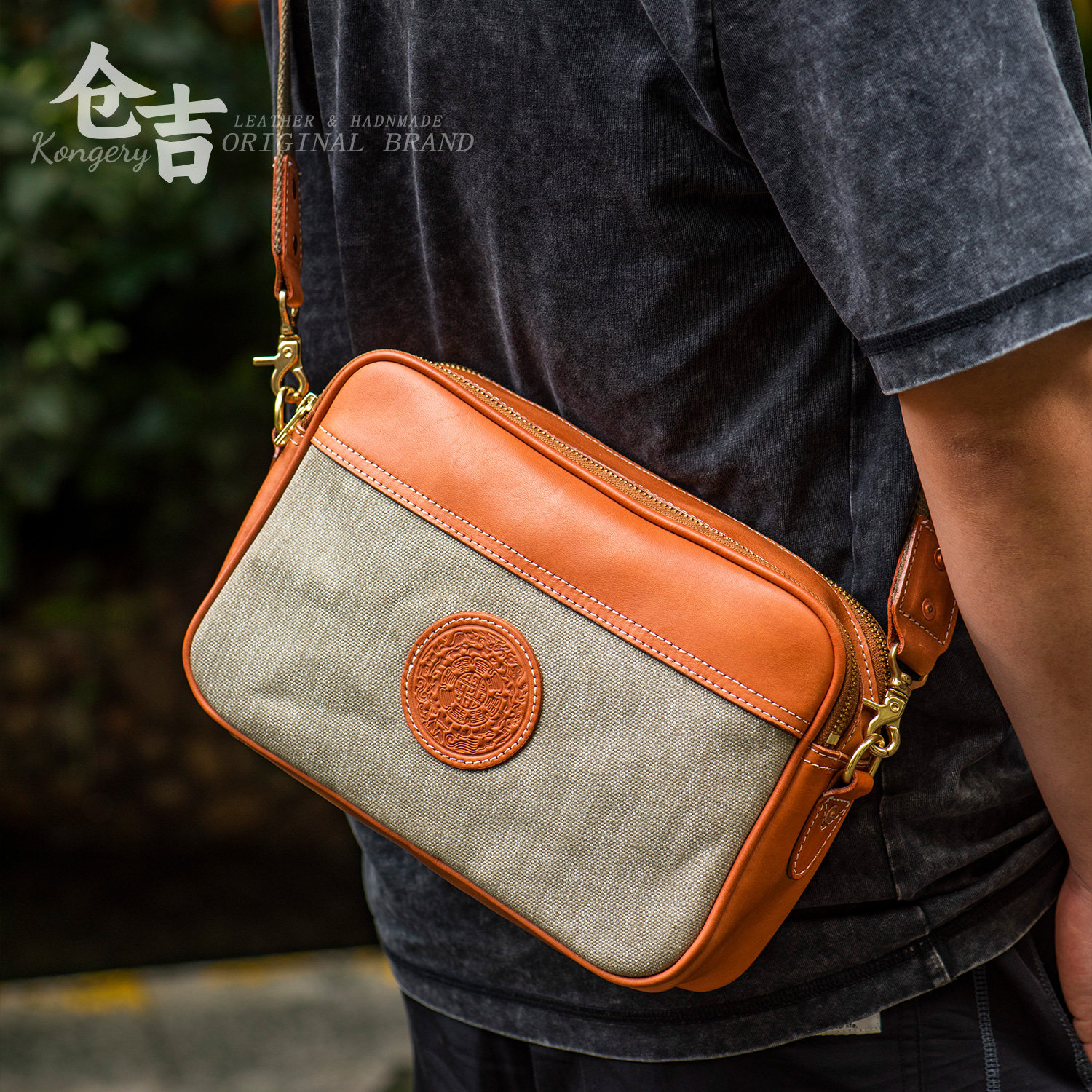 通勤王者！仓吉手工休闲复古胡椒盐帆布单肩包牛皮斜挎包男邮差包,箱包皮具/热销女包/男包,男士包袋,淘宝优惠券,粉丝福利购,淘宝优惠卷
