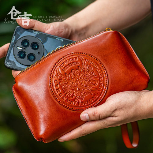 仓吉手工头层牛皮手机手拿包