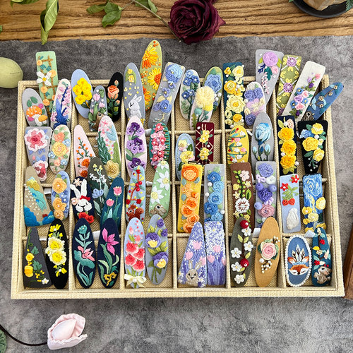 指间非遗鲁绣发夹刺绣diy手工材料包布艺衣服发饰丝带绣法式珠绣