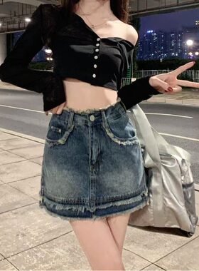 毛边半身牛仔裙女a字薄款小众设计感复古高腰辣妹ins风包臀短裙子