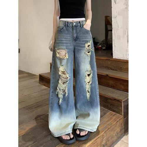 复古超火破洞牛仔女春夏薄款2026年新款高腰显瘦宽松直筒阔腿裤子