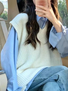两件套装 学院风夏季 V领叠穿针织毛衣马甲背心女春秋百搭上衣衬衫
