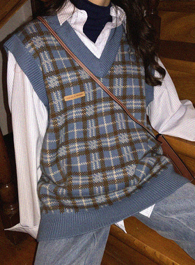 春秋季韩版复古格子V领针织马甲女中长款慵懒风宽松无袖毛衣背心