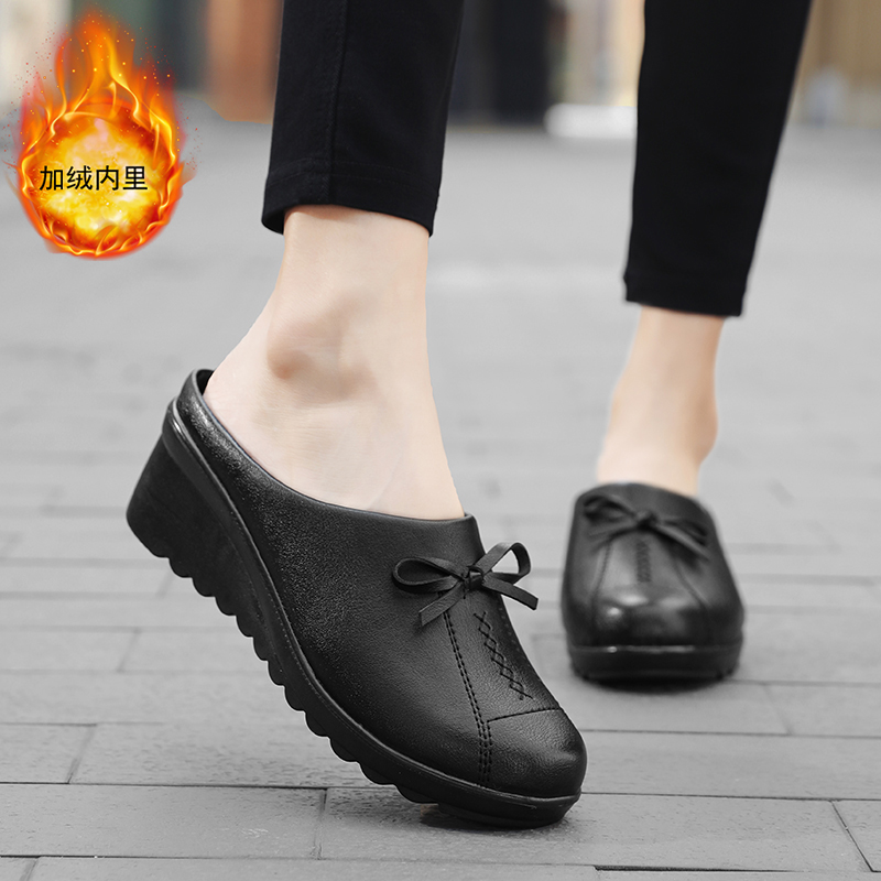 女冬加绒无后跟拖鞋懒人包头防水