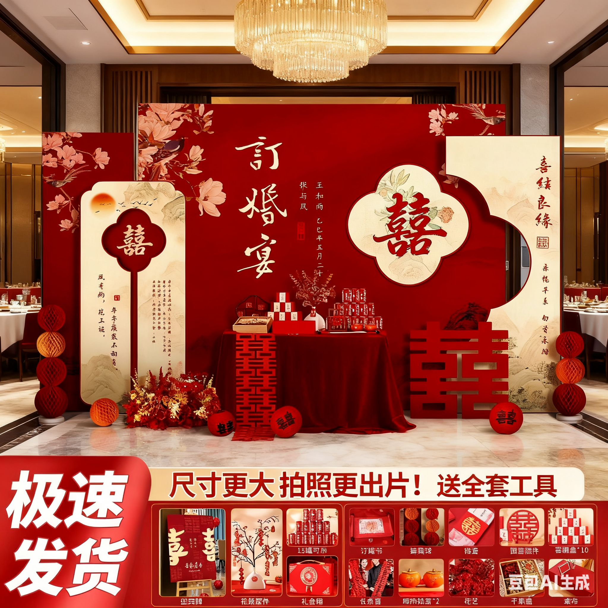 新中式订婚宴布置装饰kt板背景墙
