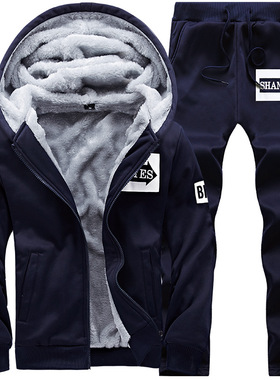 男士冬季加绒加厚卫衣男装秋冬天保暖衣服裤子一套装运动服棒球衫