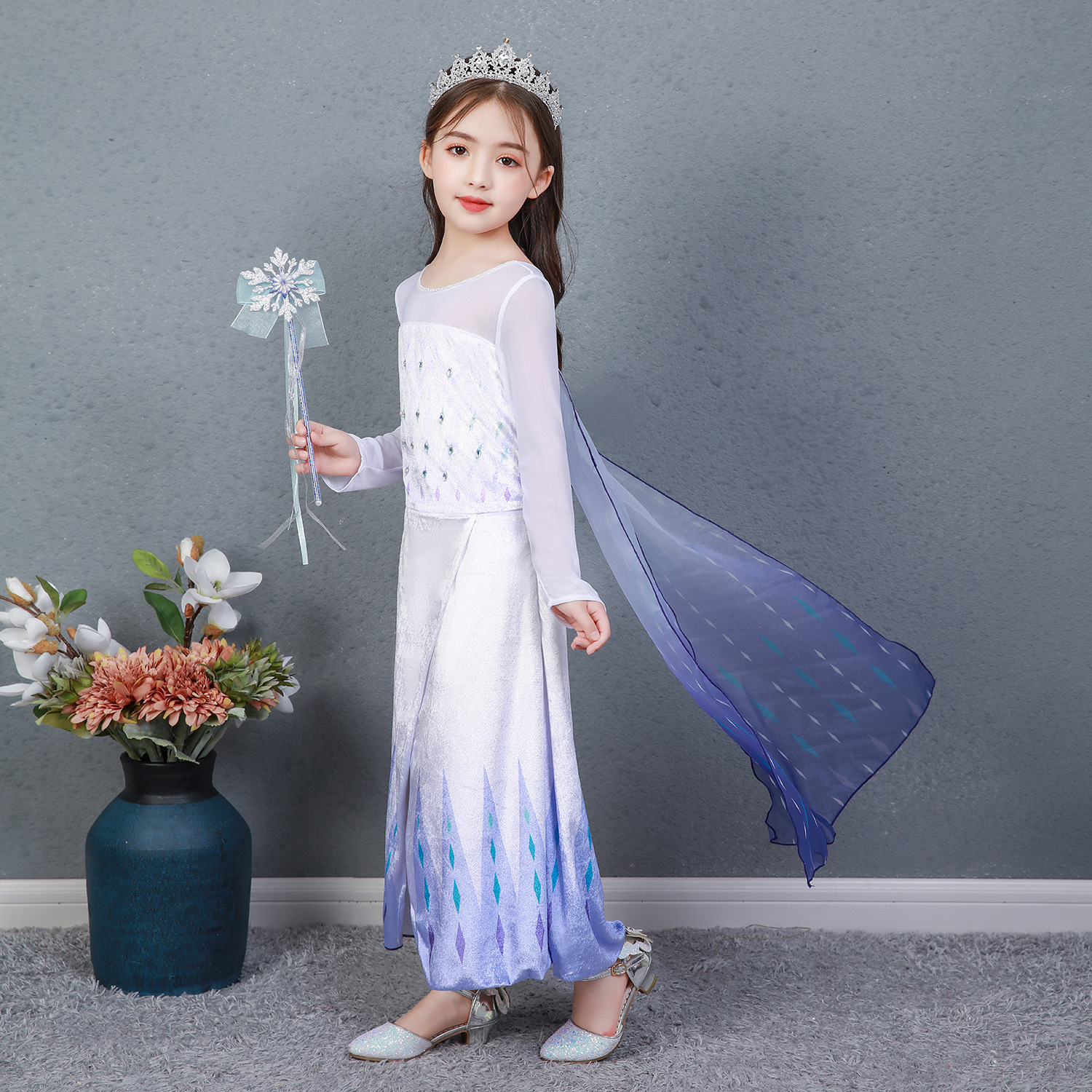 冰雪奇缘2白色女童连衣裙艾莎公主裙秋装儿童爱沙白色礼服纱裙