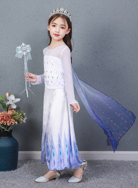 冰雪奇缘2白色女童连衣裙艾莎公主裙秋装儿童爱沙白色礼服纱裙