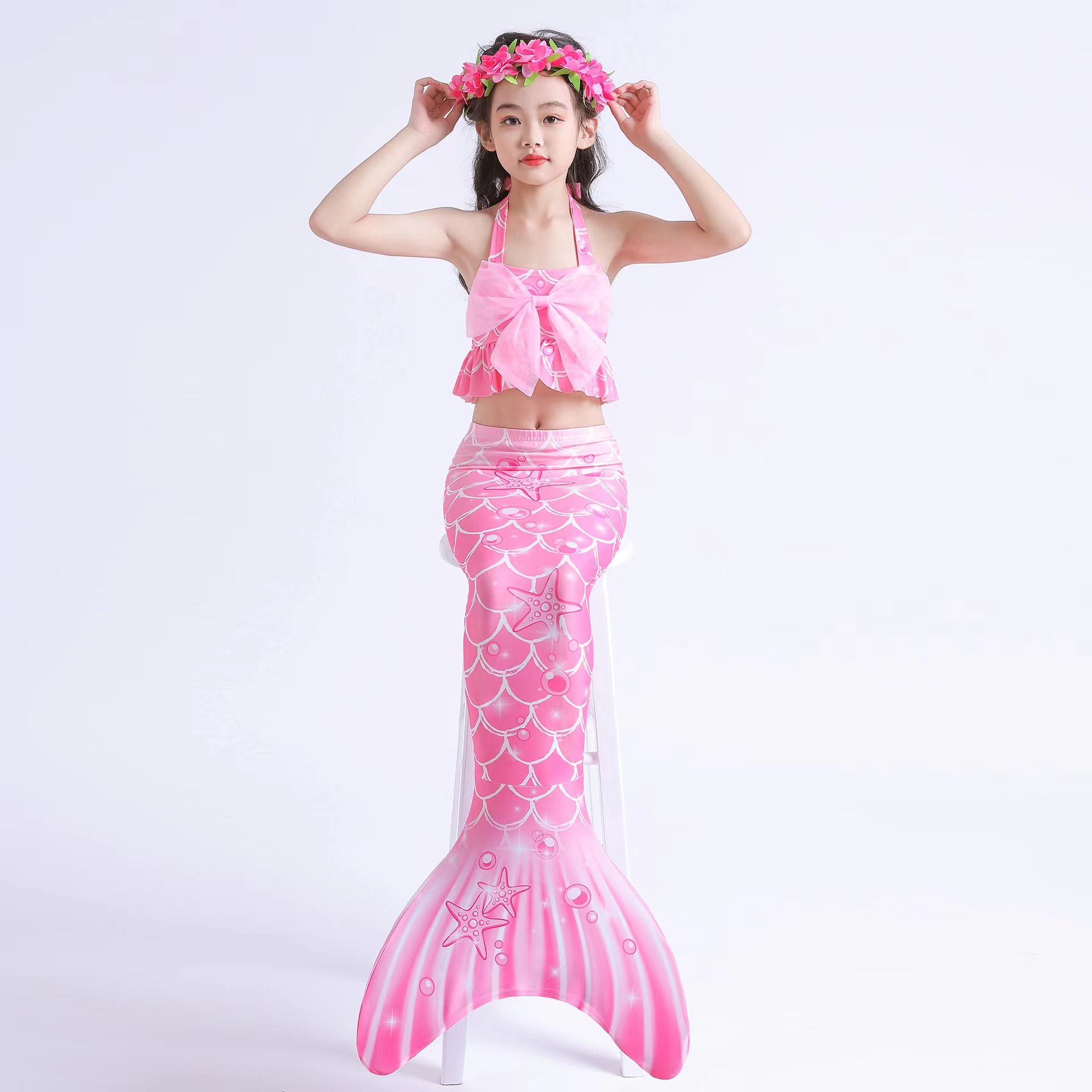 时尚女童美人鱼泳衣儿童粉色沙滩吊带比基尼三件套人鱼公主泳装