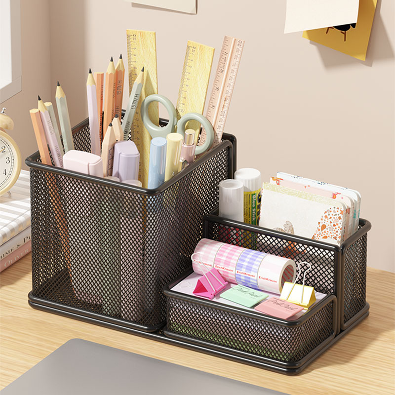 笔筒收纳盒金属笔桶多格办公室装笔的收纳盒商务前台学生桌面文具收纳简约现代多功能型大容量收纳盒创意笔筒