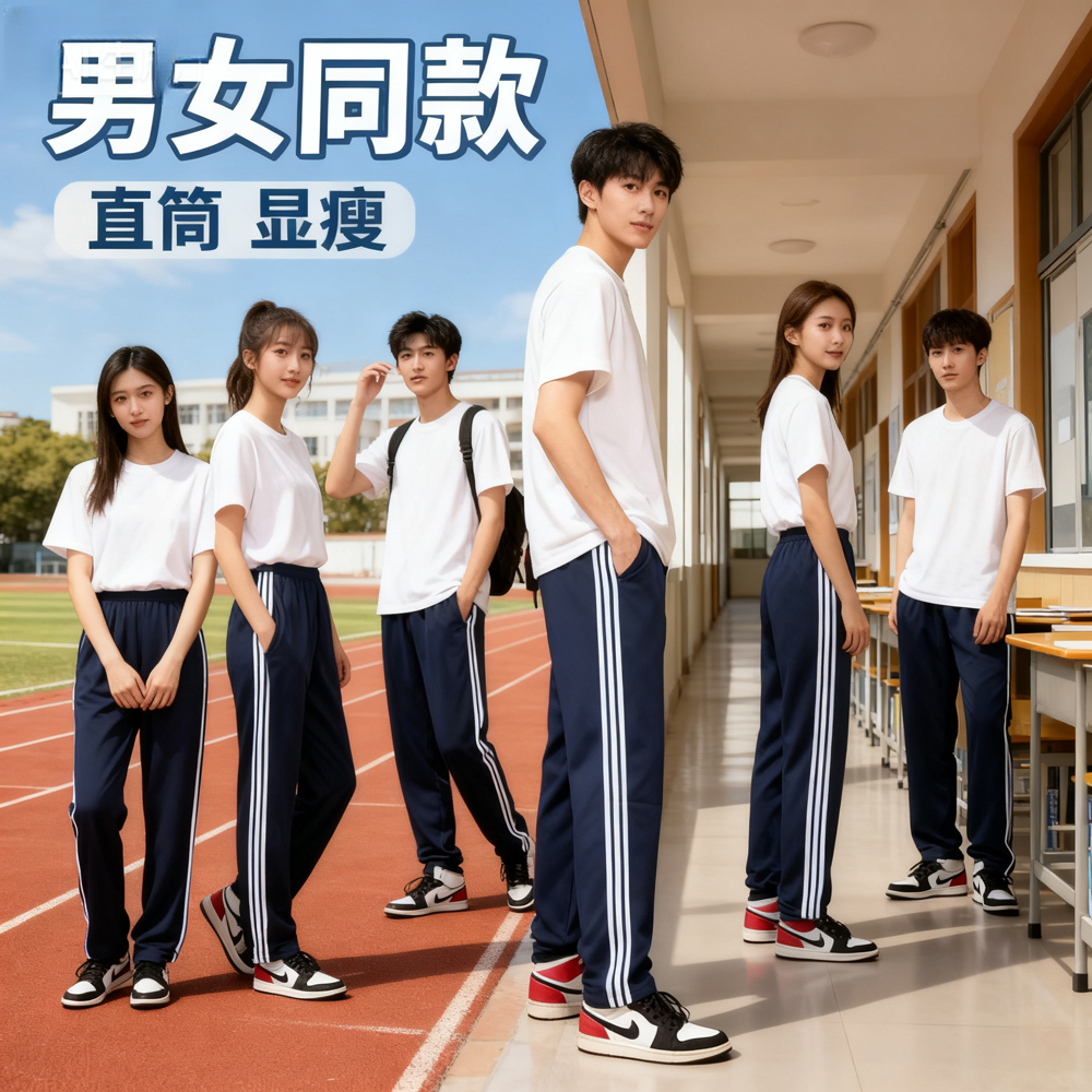 校服裤子一道杠藏青色二条杠加绒藏蓝色初中高中小学生儿童直筒裤