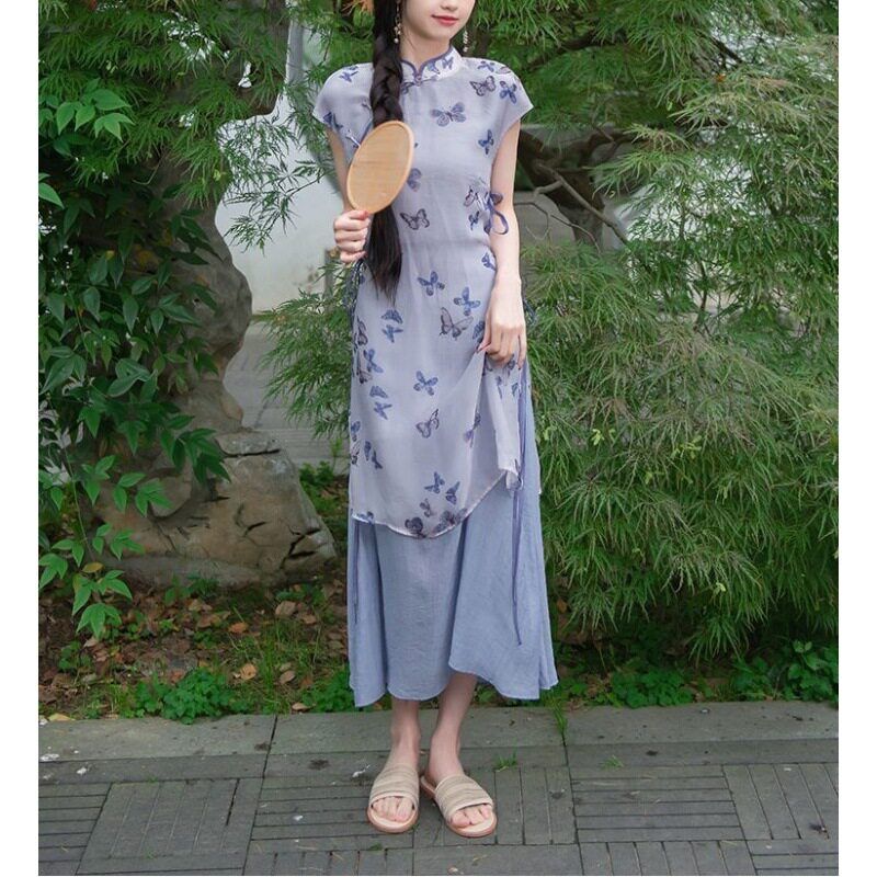 新中式温柔旗袍2024新款夏季紫色复古淑女范奥黛改良版年轻日常款