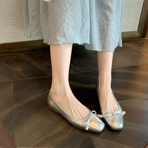 葡葡家studio 经典圆头蝴蝶结浅口软底单鞋方头珍珠芭蕾银色女鞋