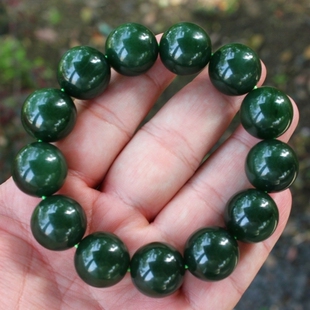 天然新疆和田玉碧玉菠菜绿男士圆珠手链手串送证书