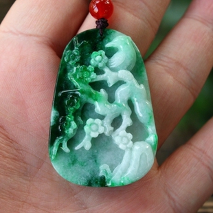 老坑种菠菜绿阳绿天然翡翠A货喜上眉梢挂件吊坠送证书