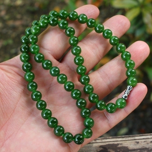 冰底天然新疆和田玉碧玉菠菜绿项链珠子送证书