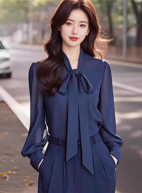 蝴蝶结真丝衬衫女长袖乔其纱深蓝色别致飘带桑蚕丝轻熟风盐系上衣