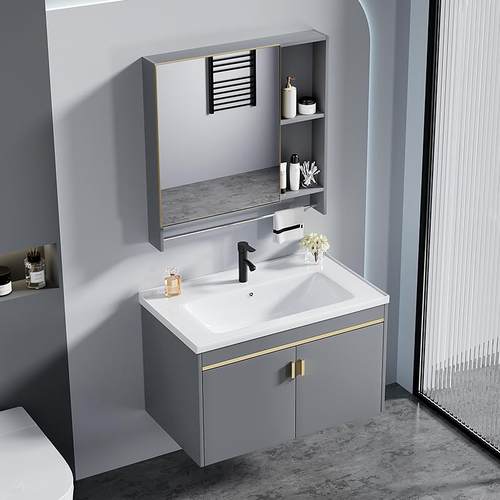 一体家用洗漱台陶瓷现代简约卫生间组合太空铝洗脸盆柜轻奢浴室柜