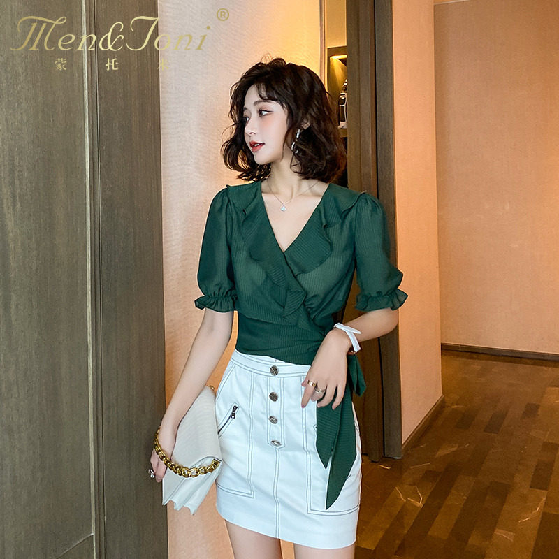 Men＆Joni輕奢品牌雪紡短袖上衣純色女時尚顯瘦修身V領氣質職場潮在類目 女裝/女士精品, 蕾絲衫/雪紡衫中 - 來自Buy2taobao.com提供專業的淘寶代購服務