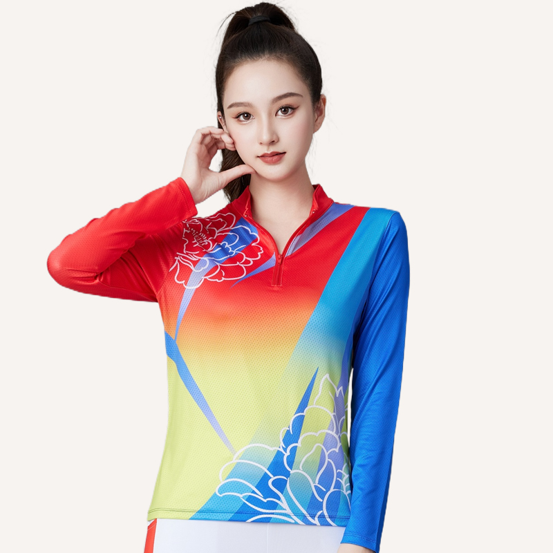 夏季长袖薄款柔力球上衣广场舞服装新款中老年团队运动服跳舞衣服