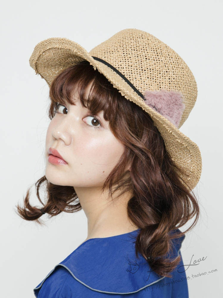 清仓日本原单merry jenny皮毛装饰蝴蝶结平顶宽檐遮阳草帽