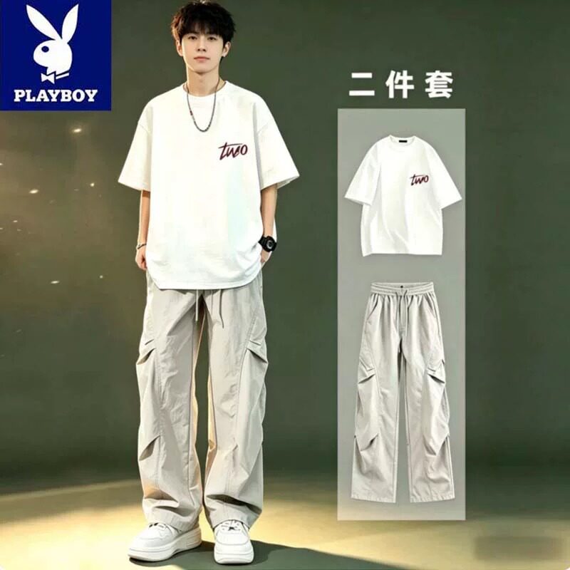 花花公子纯棉短袖t恤男生夏季休闲运动服套装青少年男装学生潮牌