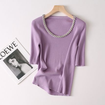 中袖针织衫女夏 紫色短袖薄款圆领钉钻冰丝弹力衫修身t恤短款套衫