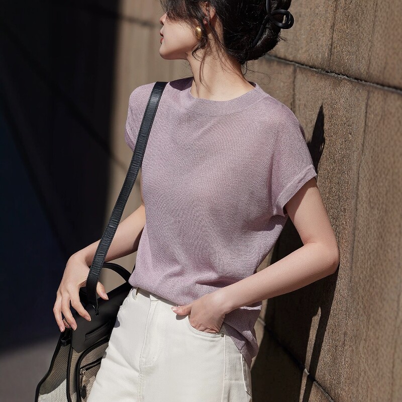 夏季新款薄款冰丝针织短袖T恤女圆领套头宽松百搭天丝短款上衣