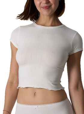 Cotton Tee 圆领棉短袖T恤透气紧身木耳边三分袖日韩欧美上衣女士