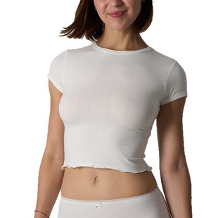 Cotton 圆领棉短袖 T恤透气紧身木耳边三分袖 日韩欧美上衣女士 Tee