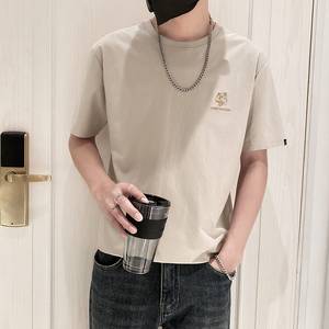 9201-特P38简单款圆领短袖T恤男时尚宽松休闲体恤衫潮2025夏卡其图片