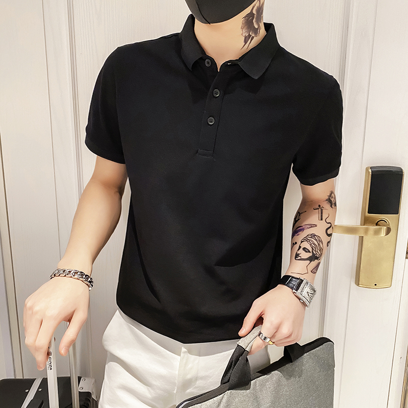 6888特P382025夏季polo衫短袖男士韩版潮流翻领半袖纯色t恤黑，男装T恤，星座1101-1