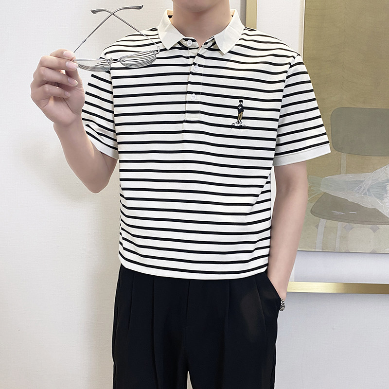 PL1166-P58控78 2025春夏时尚条纹POLO衫男韩版百搭短袖翻领T恤白图片
