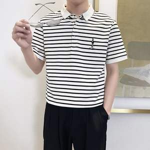 PL1166-P58控78 2025春夏时尚条纹POLO衫男韩版百搭短袖翻领T恤白图片