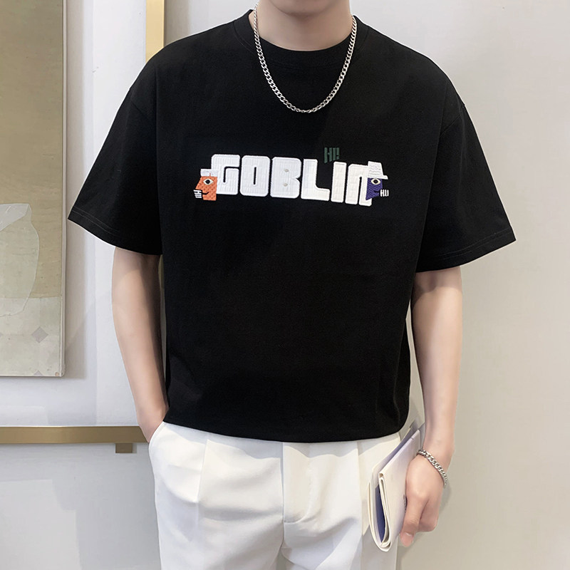 T9557-P55控75夏新款宽松短袖T恤男士时尚字母刺绣休闲百搭体恤衫,男装T恤,星座1101-1
