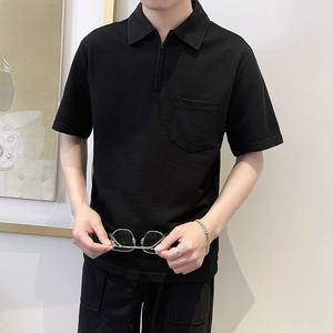 PL1923-P50控70韩版时尚翻领短袖T恤男士潮流纯色百搭POLO衫黑色图片