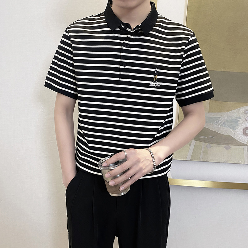 PL1166-P58控782025春夏时尚条纹POLO衫男韩版百搭短袖翻领T恤黑,男装T恤,星座1101-1