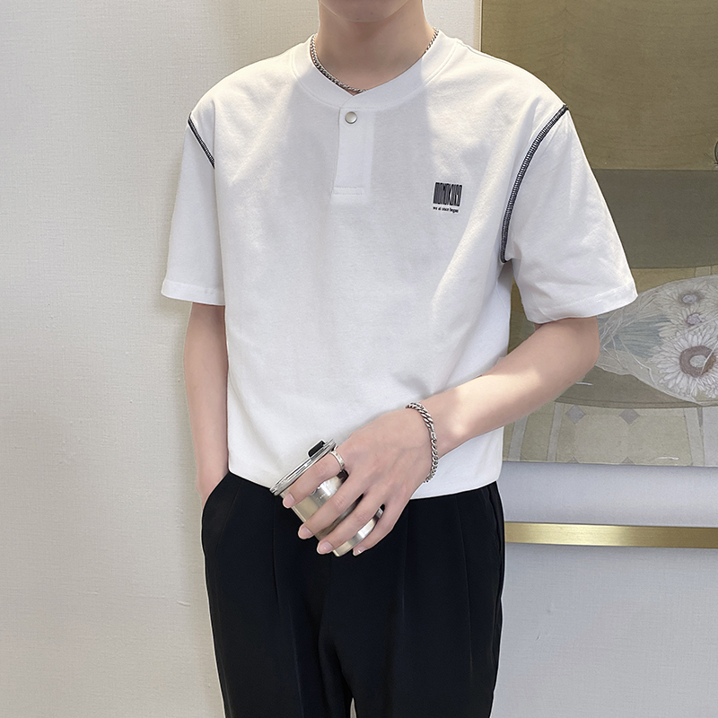 T8015-P55控75时尚夏季新款男士短袖V领T恤潮流百搭休闲上衣ins白，男装T恤，星座1101-1