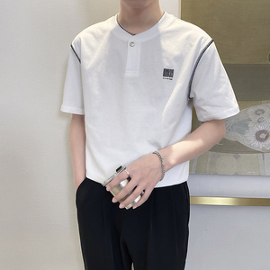 T8015-P55控75时尚夏季新款男士短袖V领T恤潮流百搭休闲上衣ins白,男装T恤,星座1101-1