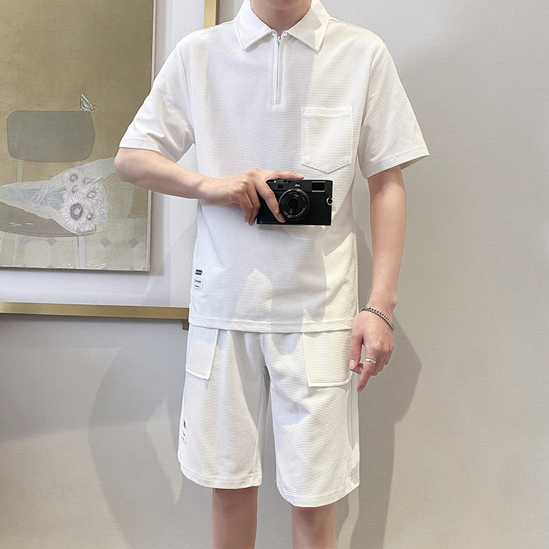 TZ1923-P95控128时尚翻领短袖套装男士简约款POLO衫短裤一套ins白,男装Polo衫,星座1101-1