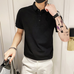 6888 特P38 2025夏季polo衫短袖男士韩版潮流翻领半袖纯色t恤黑图片