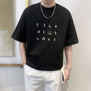 T9555-P55控75时尚立体字母短袖T恤男士2025春夏新款宽松体恤衫黑图片