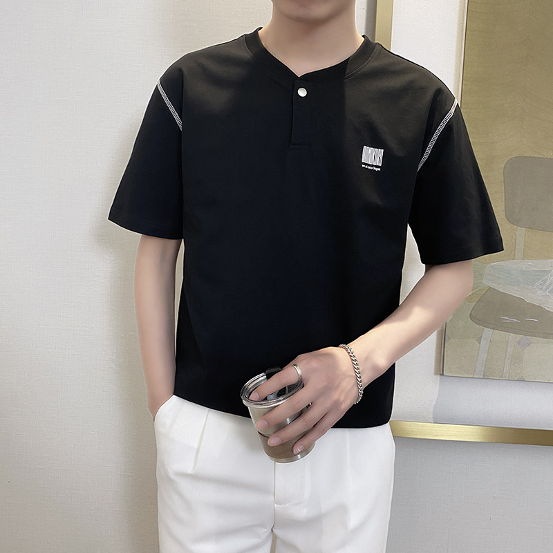 T8015-P55控75时尚夏季新款男士短袖V领T恤潮流百搭休闲上衣ins黑,男装T恤,星座1101-1