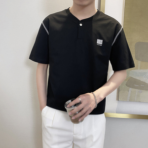 T8015-P55控75时尚夏季新款男士短袖V领T恤潮流百搭休闲上衣ins黑