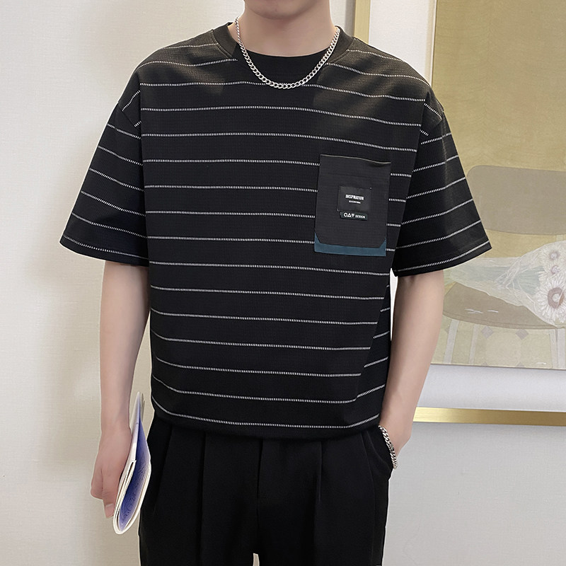 T9568-P58控78时尚条纹宽松短袖T恤男士休闲百搭体恤衫青年上衣黑,男装T恤,星座1101-1