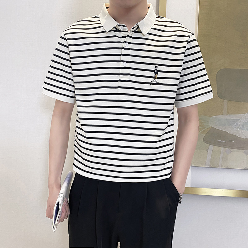 PL1166-P58控782025春夏时尚条纹POLO衫男韩版百搭短袖翻领T恤白,男装Polo衫,星座1101-1