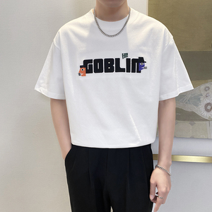 T9557-P55控75夏季宽松短袖T恤男士时尚字母刺绣休闲百搭体恤衫白图片